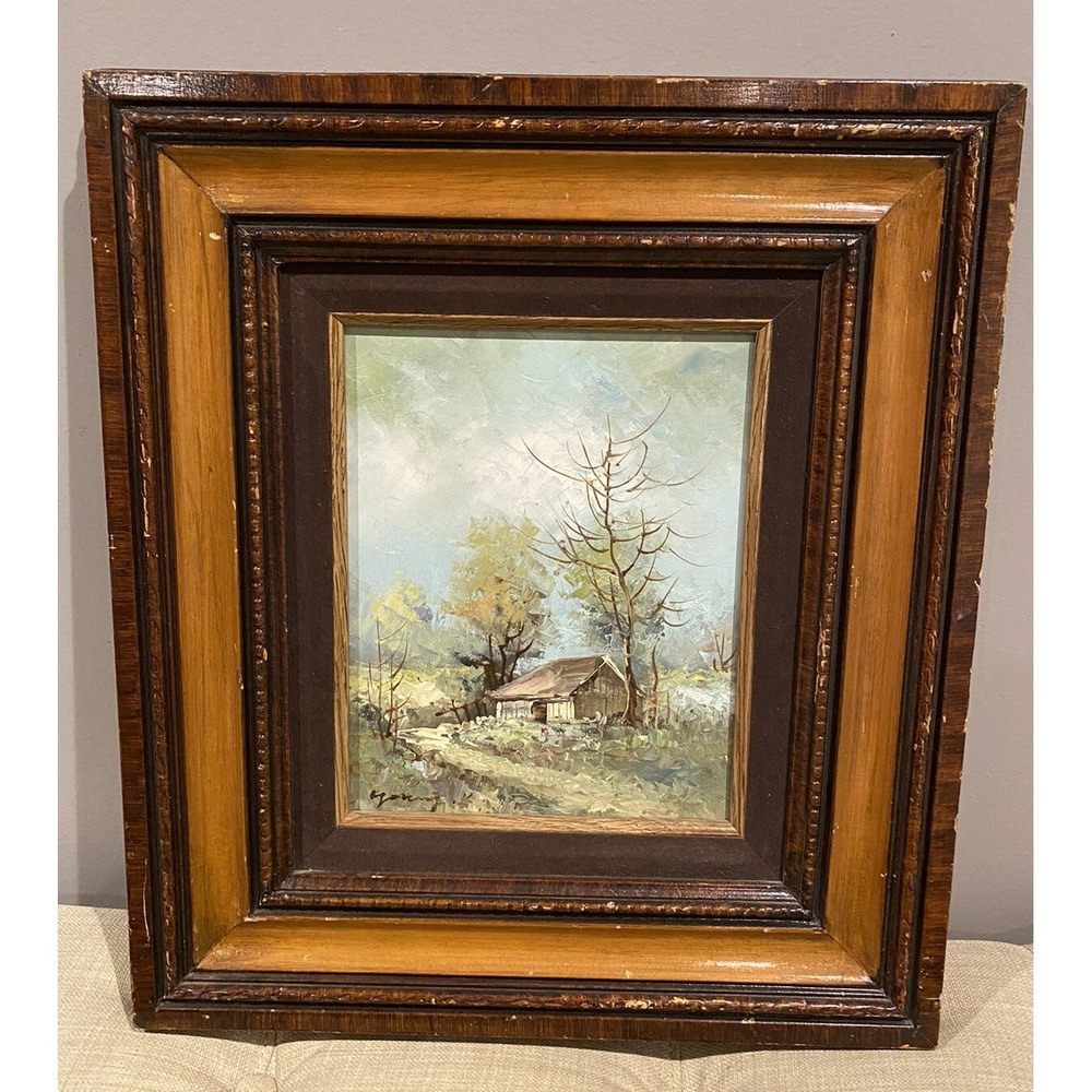 Vintage Framed Oil On Board Painting Landscape by Artist YOUNG 16"x 18" Signed